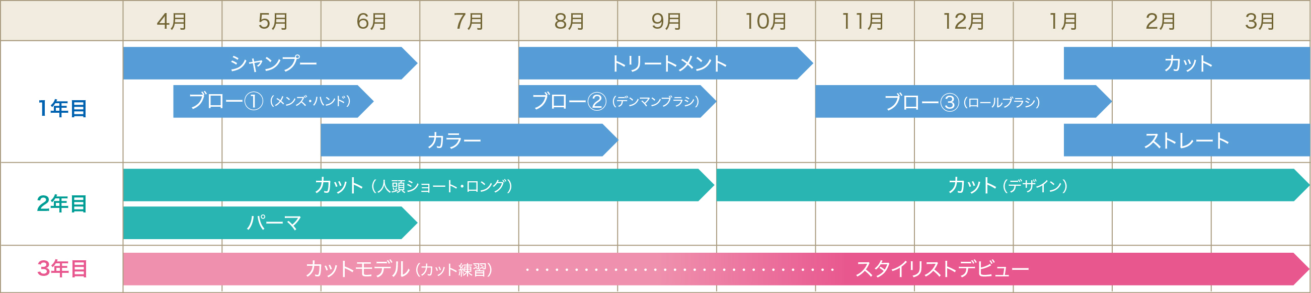 1年目から3年目までのカリキュラムの図